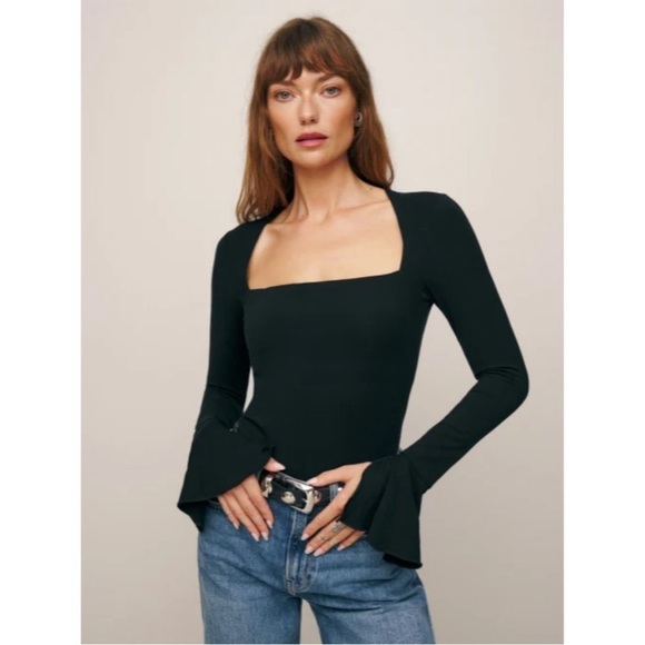 Reformation Lucca Long Sleeve Knit Top Black Square Neck NWOT - Picture 6 of 14